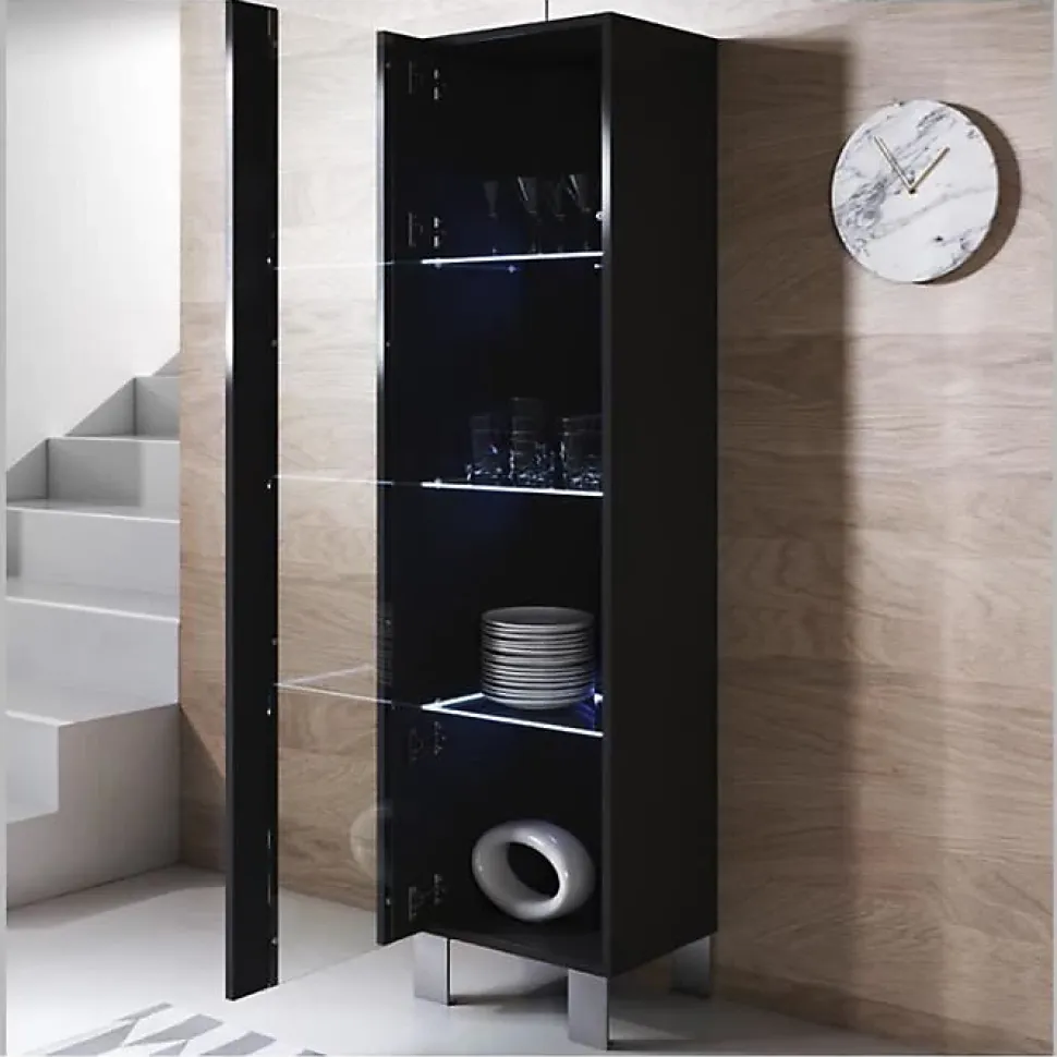 Vitrine armoire contemporaine - Noir mélamine - Pieds alu - 40 x 29 x 177 cm