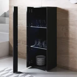 Vitrine armoire contemporaine - 1 porte brillante - Noir - Mélamine - LED - 40 x 29 x 126 cm