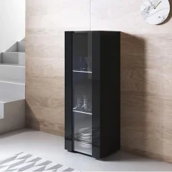 Vitrine armoire contemporaine - 1 porte brillante - Noir - Mélamine - LED - 40 x 29 x 126 cm