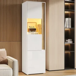 Vitrine Armoire de Rangement avec Éclairage LED et 2 Portes dont 1 en Acrylique - Panneaux de Particules - Blanc et Naturel