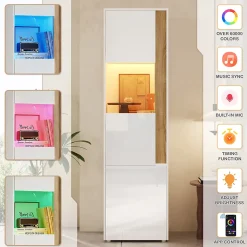 Vitrine Armoire de Rangement avec Éclairage LED et 2 Portes dont 1 en Acrylique - Panneaux de Particules - Blanc et Naturel