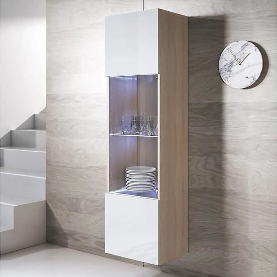Vitrine armoire LED - Blanc & Sonoma - 1 porte, 4 compart. - Verre - 40x29x165 cm