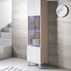 Vitrine armoire LED brillante - Blanc & Sonoma - 1 porte - 4 compart. - 40x177x29 cm