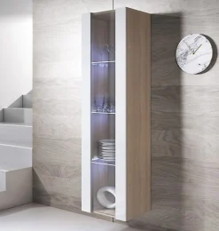 Vitrine armoire LED contemporaine - Sonoma/Blanc - 1 porte 4 compart. - 40x165x29 cm