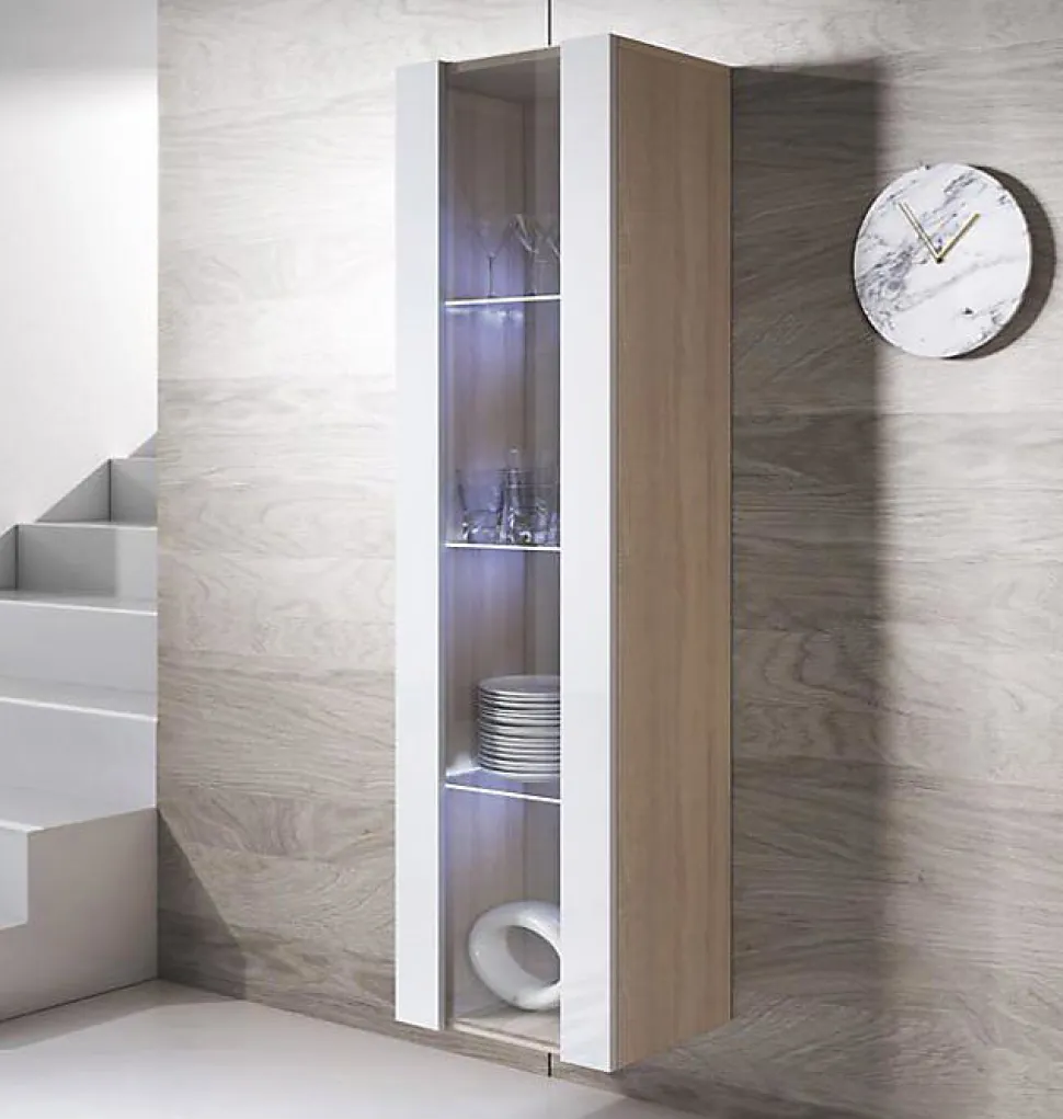 Vitrine armoire LED contemporaine - Sonoma/Blanc - 1 porte 4 compart. - 40x165x29 cm