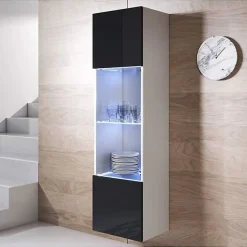 Vitrine armoire LED contemporaine - Blanc & Noir - Mélamine brillante - 1 porte, 4 compart. - 40x165x29 cm