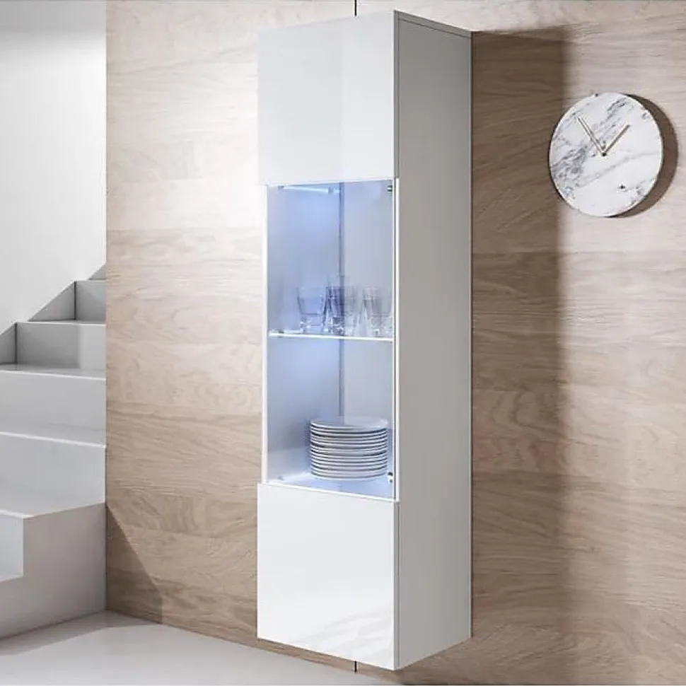 Vitrine armoire LED contemporaine - Blanc brillant - Mélamine - 1 porte 4 compart. - 40x29x165 cm