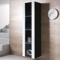 Vitrine armoire LED contemporaine - Noir/Blanc - Mélamine brillant - 1 porte 4 compartiments - 40x29x165 cm