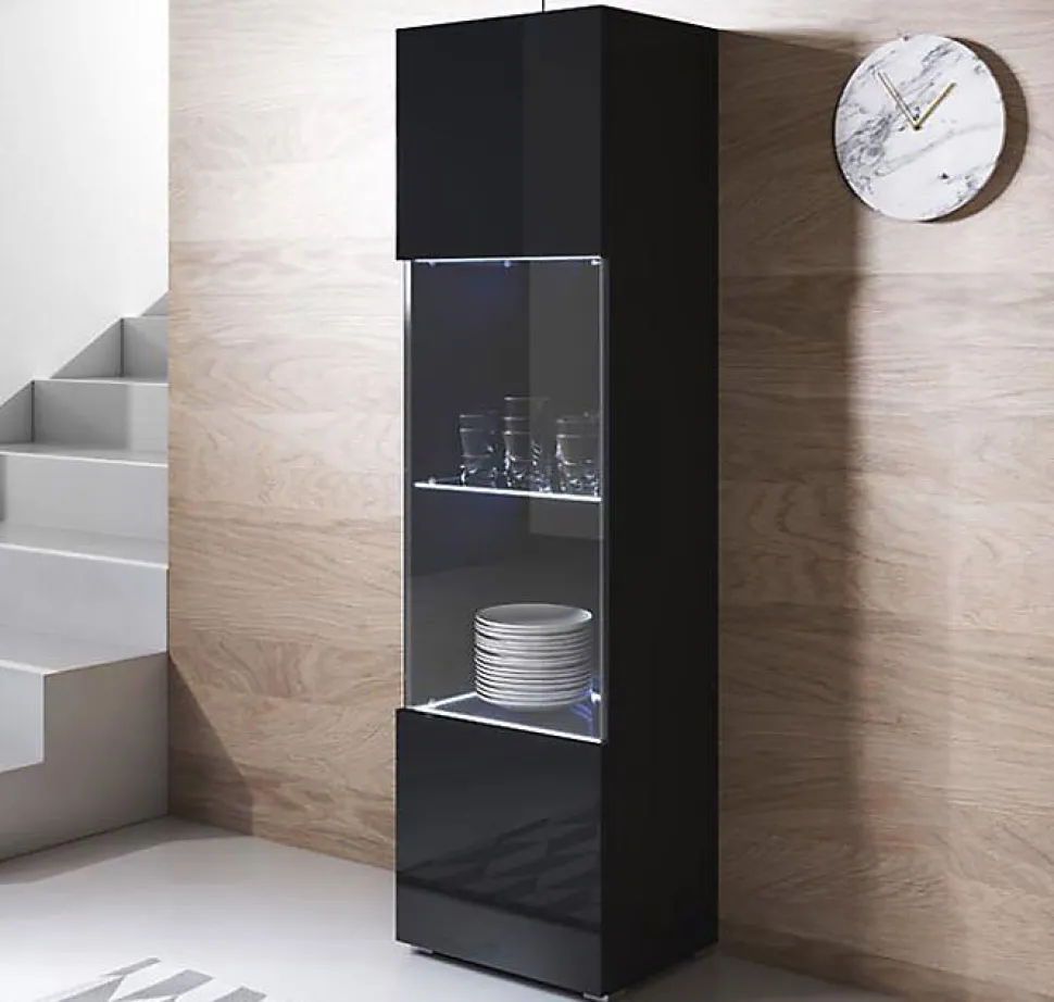 Vitrine armoire LED contemporaine - Noir brillant - Mélamine - 1 porte - 4 compartiments - 40x29x167 cm