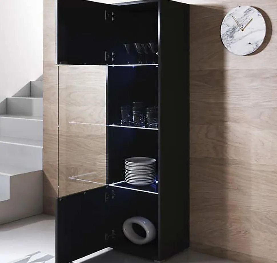 Vitrine armoire LED contemporaine - Noir brillant - Mélamine - 1 porte - 4 compartiments - 40x29x167 cm