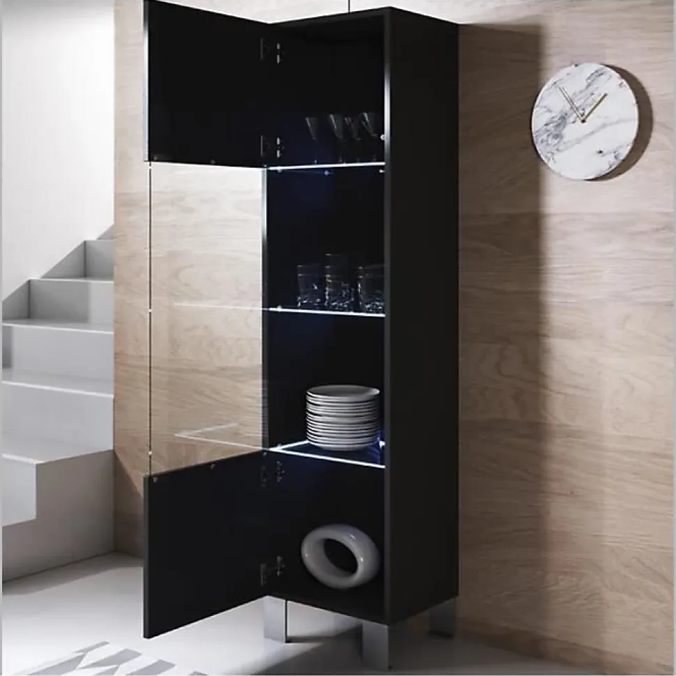 Vitrine armoire LED contemporaine - Noir brillant - Mélamine - 1 porte - 4 compartiments - 40x29x177 cm