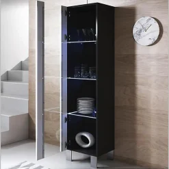 Vitrine armoire LED contemporaine - Noir/Mélamine - Pieds alu - 1 porte 40x29x177 cm