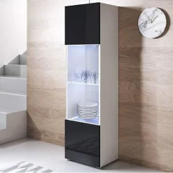 Vitrine armoire LED contemporaine - Blanc/Noir - Mélamine - 1 porte 4 compart. - 40x29x167 cm