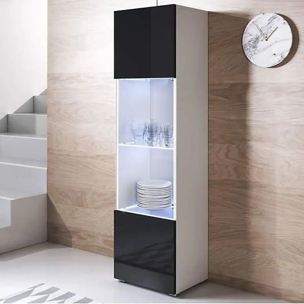 Vitrine armoire LED contemporaine - Blanc/Noir - Mélamine - 1 porte 4 compart. - 40x29x167 cm