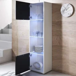 Vitrine armoire LED contemporaine - Blanc/Noir - Mélamine - 1 porte 4 compart. - 40x29x167 cm