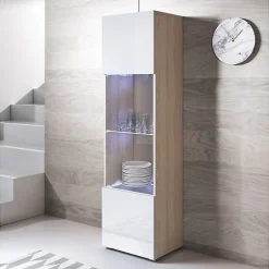 Vitrine armoire LED élégante - Sonoma & blanc - Mélamine - 1 porte 4 compartiments - 40 x 29 x 167 cm