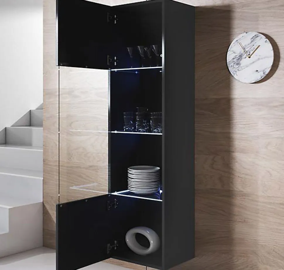Vitrine armoire LED suspendue - Noir brillant - 1 porte 4 compart. - 40x29x165 cm