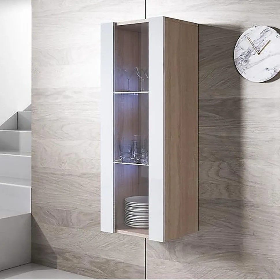 Vitrine armoire suspendue contemporaine - Blanc & Sonoma - 1 porte brill. - LED - 40x29x126 cm