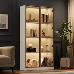 Vitrine, Armoire Vitrine avec 2 Portes Vitrées et Étagères Réglables, 80x40x160 cm, Blanc