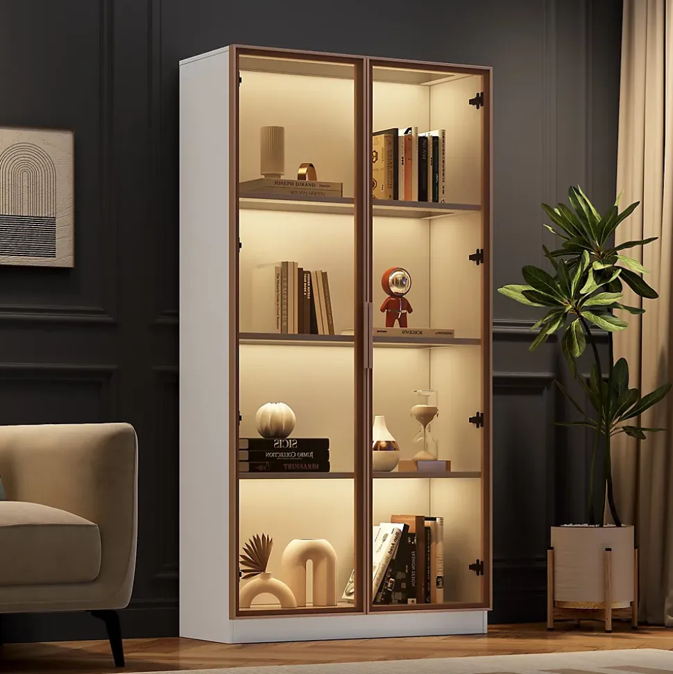Vitrine, Armoire Vitrine avec 2 Portes Vitrées et Étagères Réglables, 80x40x160 cm, Blanc