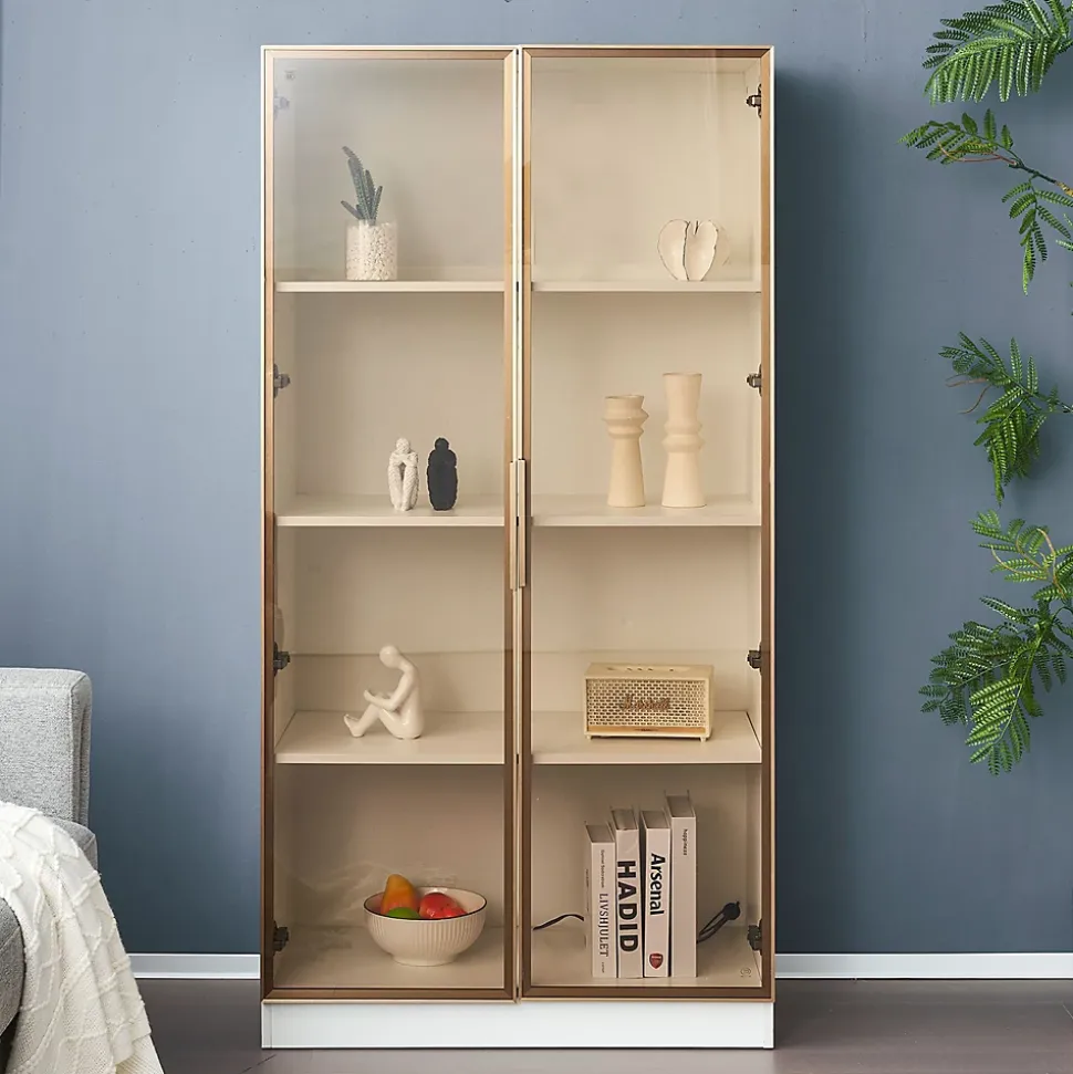 Vitrine, Armoire Vitrine avec 2 Portes Vitrées et Étagères Réglables, 80x40x160 cm, Blanc