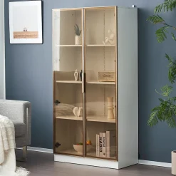 Vitrine, Armoire Vitrine avec 2 Portes Vitrées et Étagères Réglables, 80x40x160 cm, Blanc