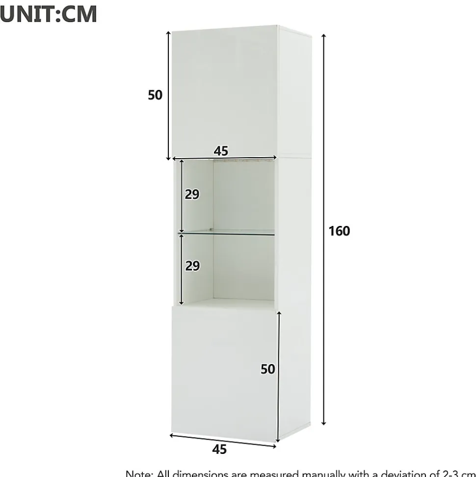 Vitrine, Armoire Vitrine Haute avec Éclairage LED et Télécommande, Portes Vitrées et 1 Étagère en Verre, 45x35x160 cm, Blanc