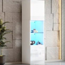 Vitrine, Armoire Vitrine Haute avec Éclairage LED et Télécommande, Portes Vitrées et 1 Étagère en Verre, 45x35x160 cm, Blanc