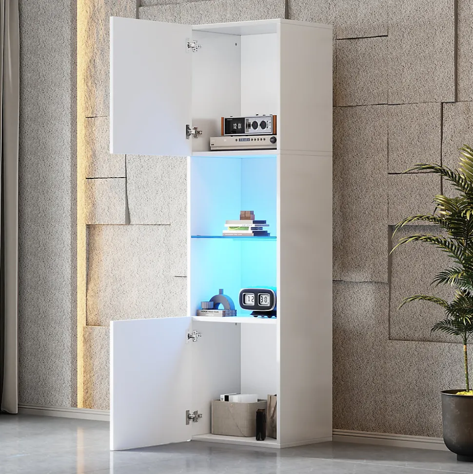 Vitrine, Armoire Vitrine Haute avec Éclairage LED et Télécommande, Portes Vitrées et 1 Étagère en Verre, 45x35x160 cm, Blanc