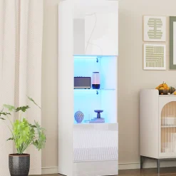 Vitrine, Armoire Vitrine Haute avec Éclairage LED et Télécommande, Portes Vitrées et 1 Étagère en Verre, 45x35x160 cm, Blanc