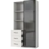 Vitrine avec éclairage LED - 1 porte en verre trempé - 3 tiroirs et 3 étagères ouvertes - Structure en aluminium - Blanc