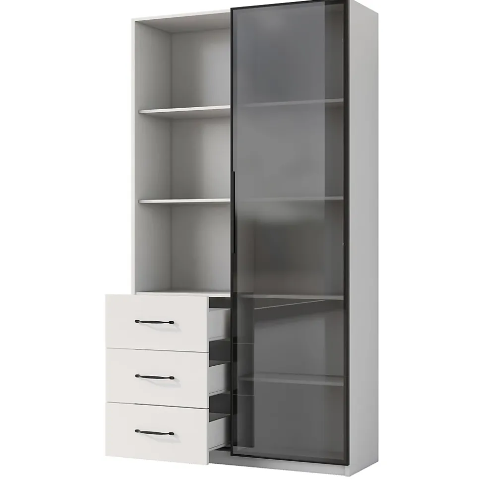 Vitrine avec éclairage LED - 1 porte en verre trempé - 3 tiroirs et 3 étagères ouvertes - Structure en aluminium - Blanc