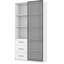 Vitrine avec éclairage LED - 1 porte en verre trempé - 3 tiroirs et 3 étagères ouvertes - Structure en aluminium - Blanc