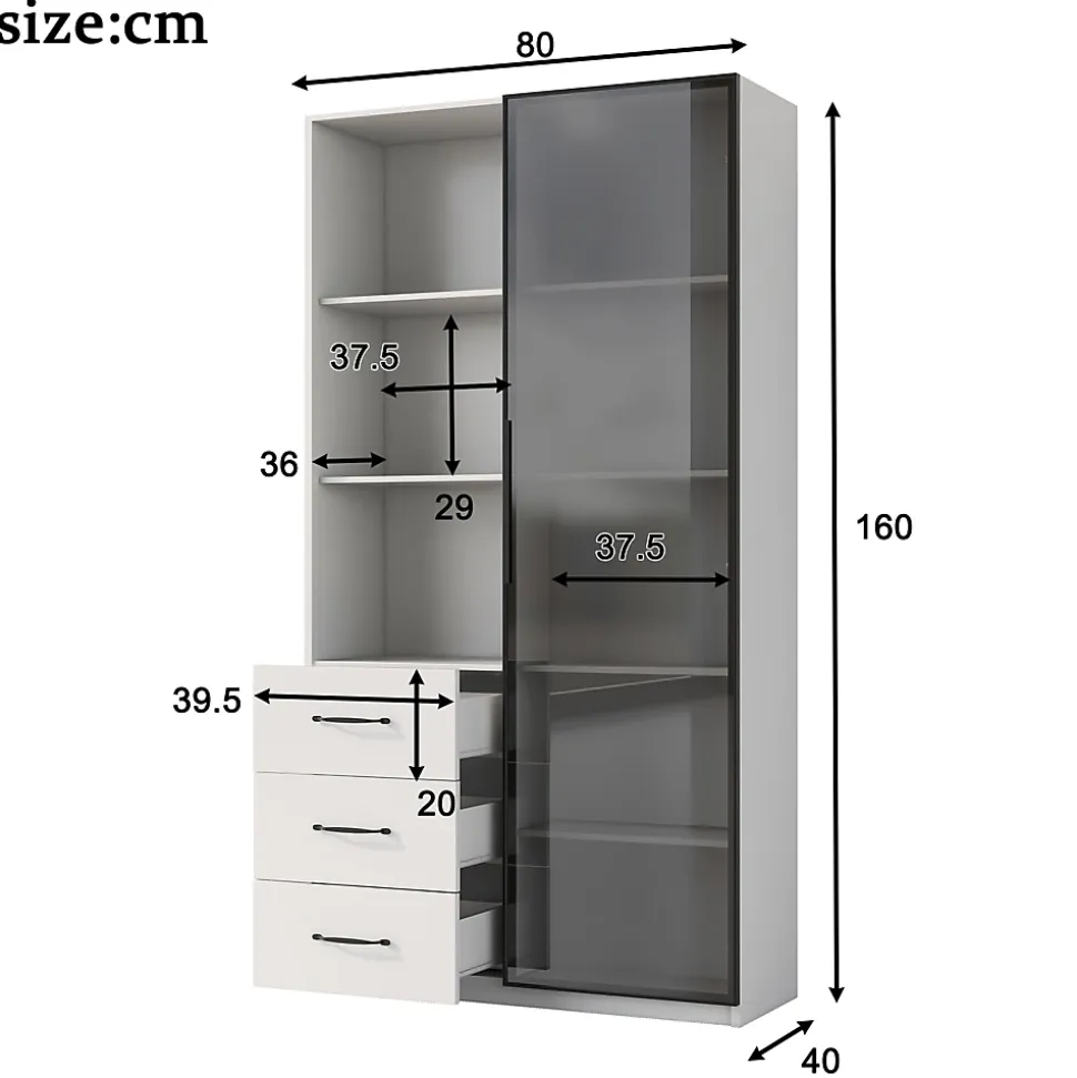 Vitrine avec éclairage LED - 1 porte en verre trempé - 3 tiroirs et 3 étagères ouvertes - Structure en aluminium - Blanc