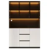 Vitrine avec éclairage LED - 120x40x200 cm - 3 tiroirs et 5 portes - Étagères ouvertes - MDF + verre - Blanc+noir