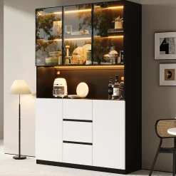 Vitrine avec éclairage LED - 120x40x200 cm - 3 tiroirs et 5 portes - Étagères ouvertes - MDF + verre - Blanc+noir