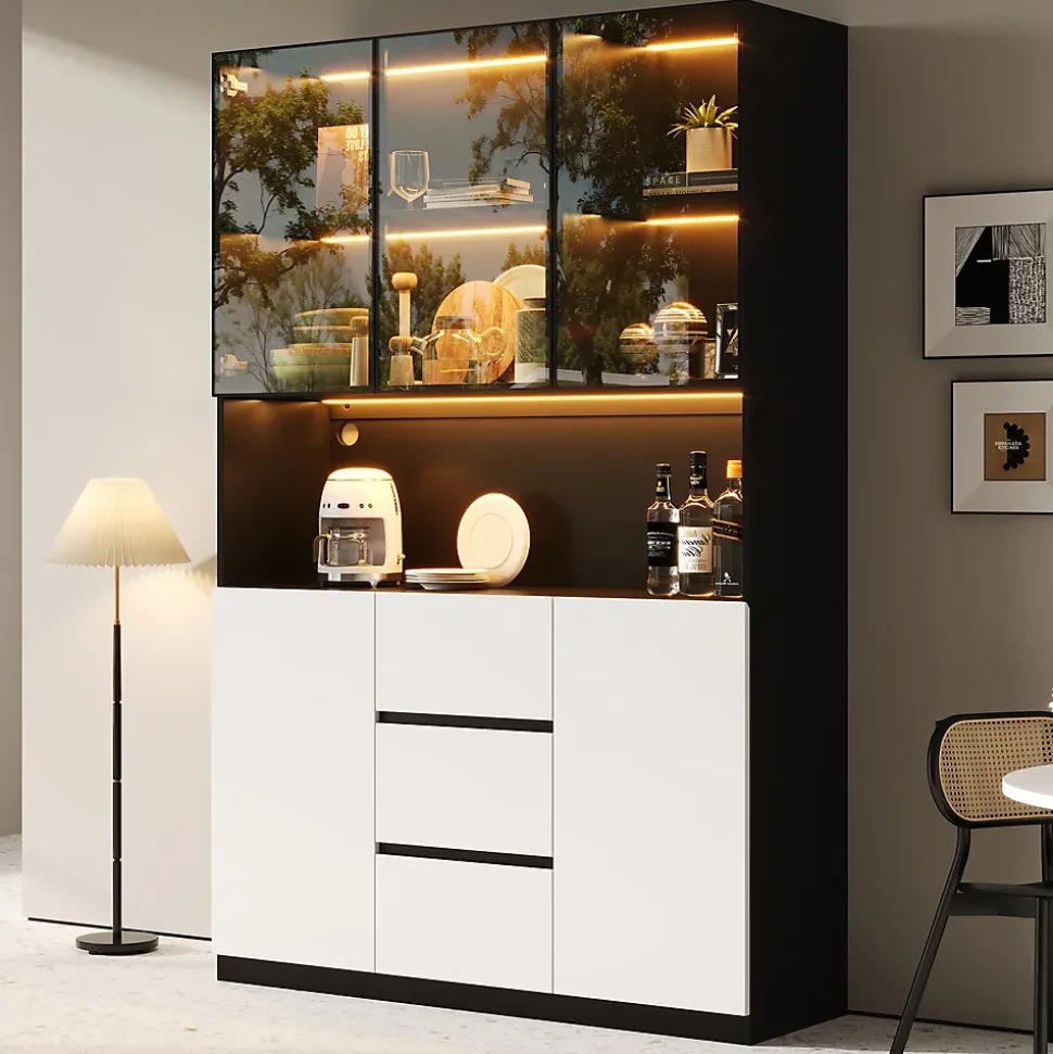 Vitrine avec éclairage LED - 120x40x200 cm - 3 tiroirs et 5 portes - Étagères ouvertes - MDF + verre - Blanc+noir