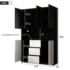 Vitrine avec éclairage LED - 120x40x200 cm - 3 tiroirs et 5 portes - Étagères ouvertes - MDF + verre - Blanc+noir