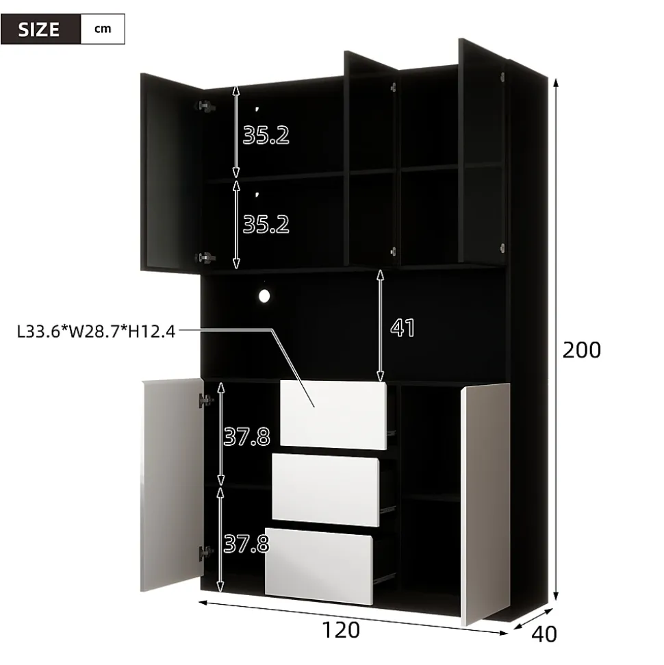 Vitrine avec éclairage LED - 120x40x200 cm - 3 tiroirs et 5 portes - Étagères ouvertes - MDF + verre - Blanc+noir