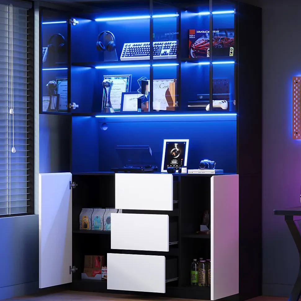 Vitrine avec éclairage LED - 120x40x200 cm - 3 tiroirs et 5 portes - Étagères ouvertes - MDF + verre - Blanc+noir