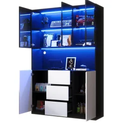 Vitrine avec éclairage LED - 120x40x200 cm - 3 tiroirs et 5 portes - Étagères ouvertes - MDF + verre - Blanc+noir