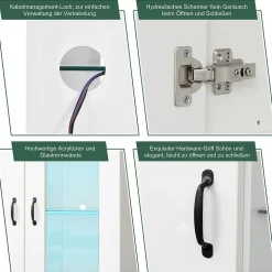 Vitrine avec Éclairage LED, 2 Portes Et 2 Tiroirs, Meuble de Rangement Haut Pour Salon ou Salle à Manger, Étagères Verre, Blanc