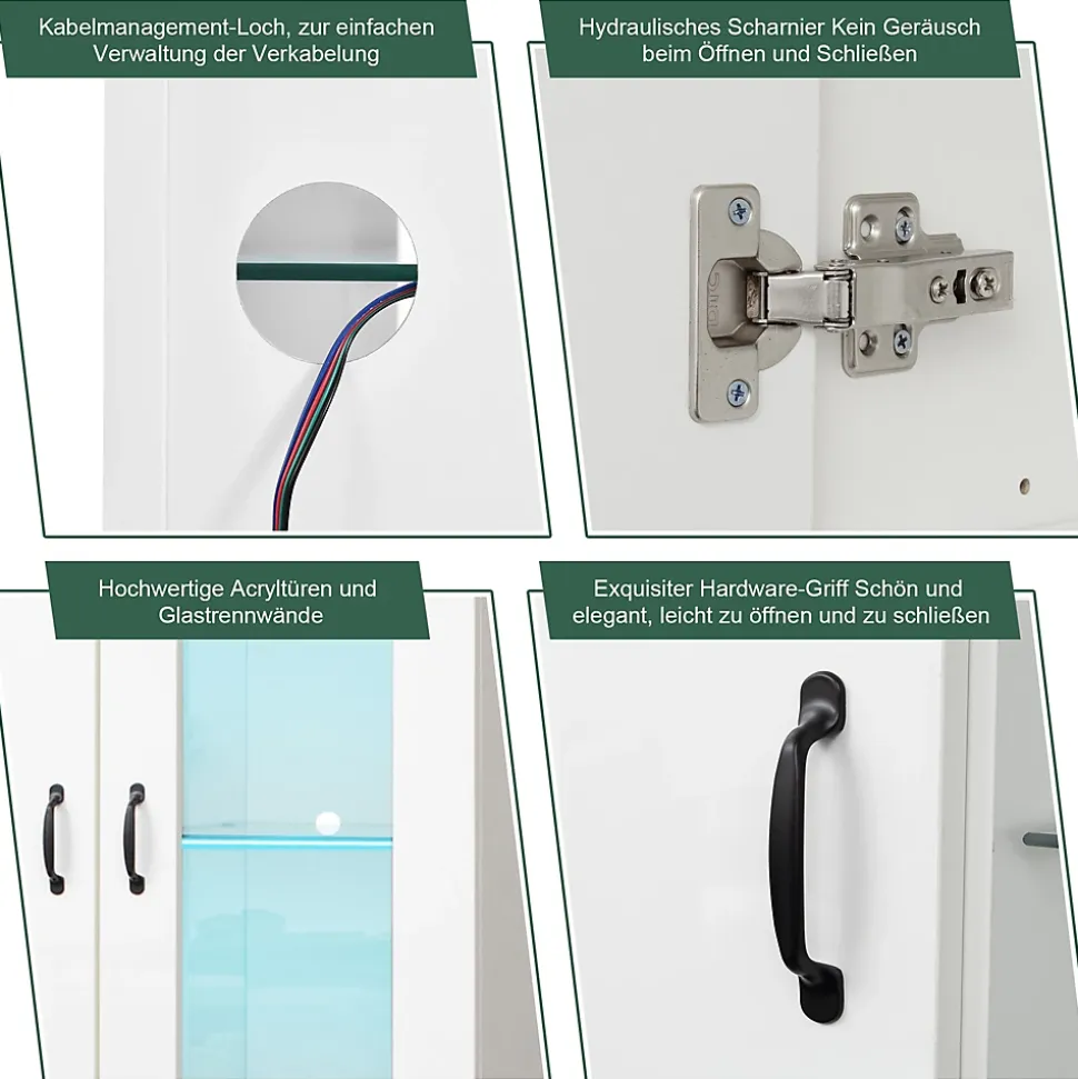 Vitrine avec Éclairage LED, 2 Portes Et 2 Tiroirs, Meuble de Rangement Haut Pour Salon ou Salle à Manger, Étagères Verre, Blanc