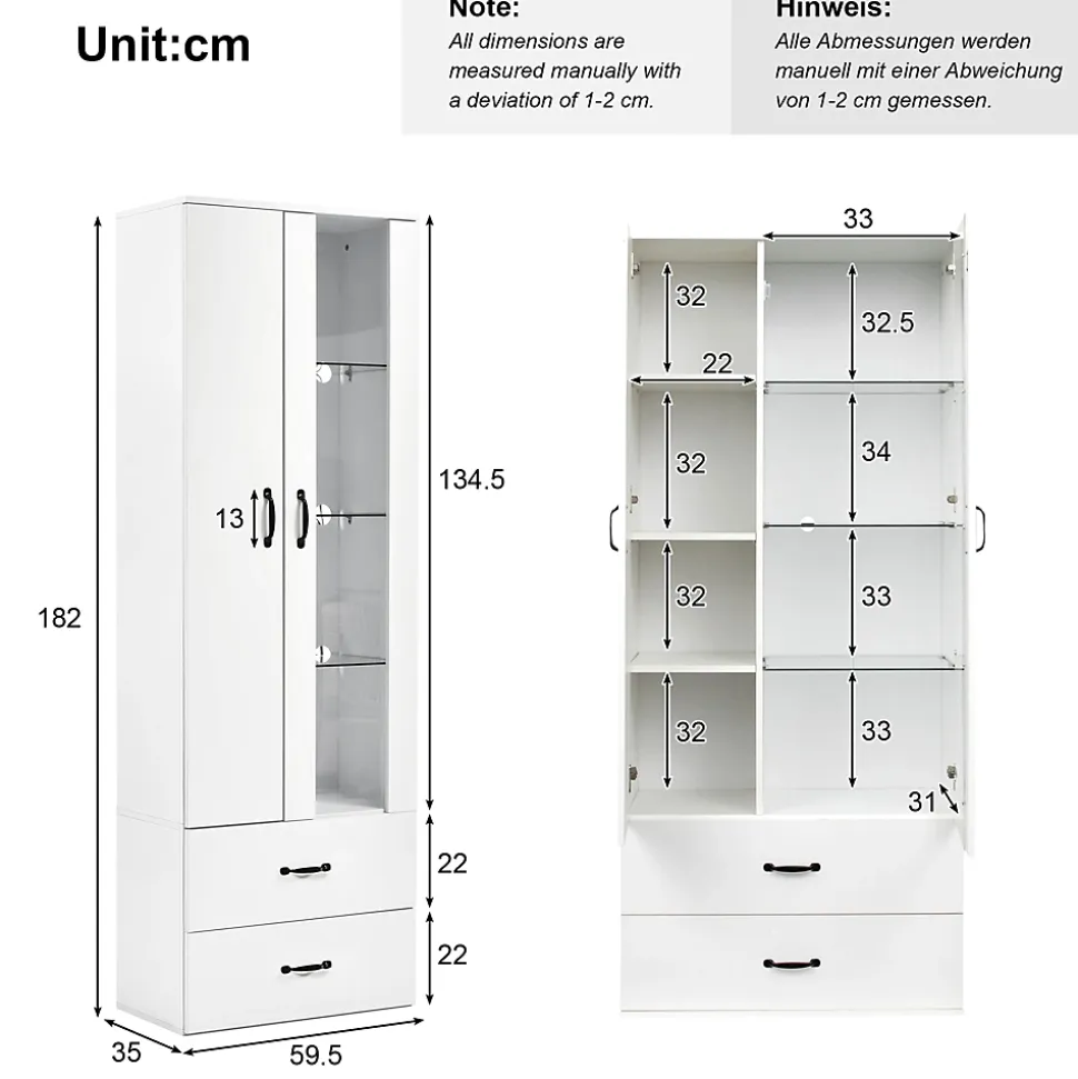 Vitrine avec Éclairage LED, 2 Portes Et 2 Tiroirs, Meuble de Rangement Haut Pour Salon ou Salle à Manger, Étagères Verre, Blanc