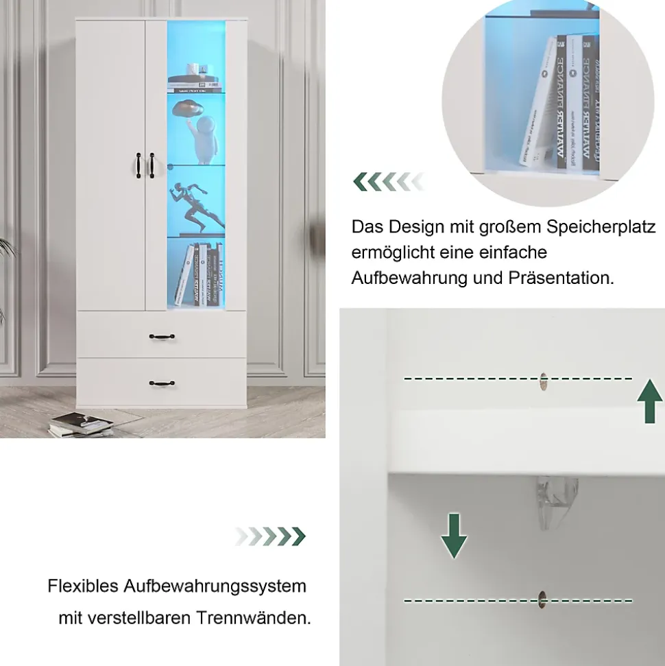 Vitrine avec Éclairage LED, 2 Portes Et 2 Tiroirs, Meuble de Rangement Haut Pour Salon ou Salle à Manger, Étagères Verre, Blanc