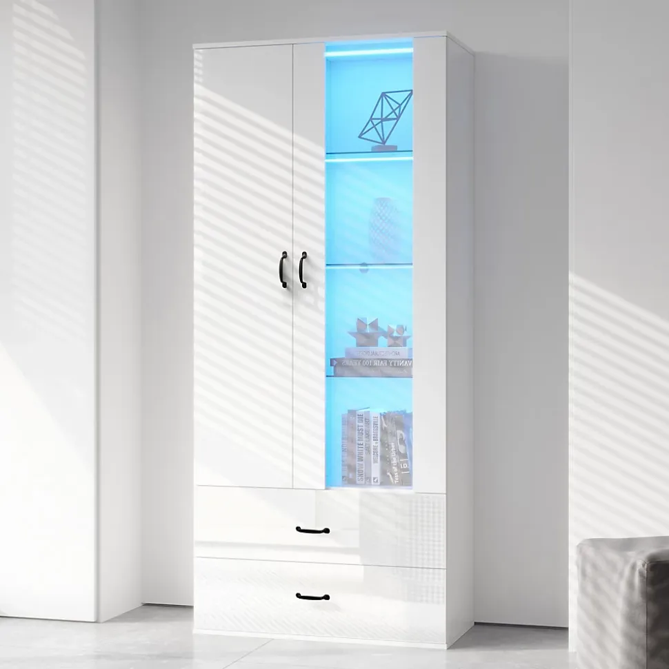 Vitrine avec Éclairage LED, 2 Portes Et 2 Tiroirs, Meuble de Rangement Haut Pour Salon ou Salle à Manger, Étagères Verre, Blanc