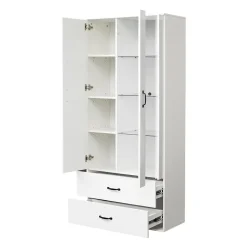 Vitrine avec Éclairage LED, 2 Portes Et 2 Tiroirs, Meuble de Rangement Haut Pour Salon ou Salle à Manger, Étagères Verre, Blanc