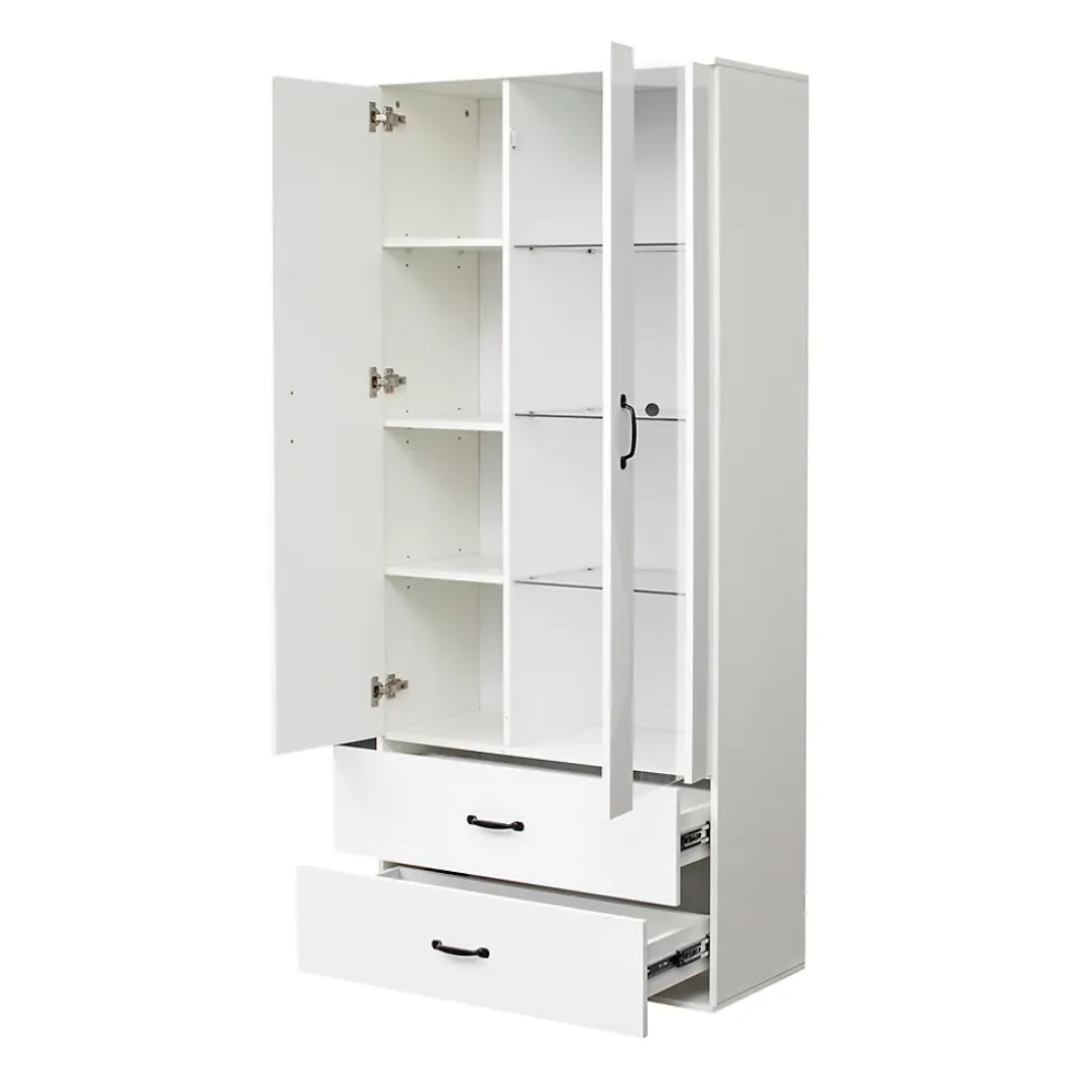 Vitrine avec Éclairage LED, 2 Portes Et 2 Tiroirs, Meuble de Rangement Haut Pour Salon ou Salle à Manger, Étagères Verre, Blanc