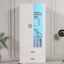 Vitrine avec Éclairage LED, 2 Portes Et 2 Tiroirs, Meuble de Rangement Haut Pour Salon ou Salle à Manger, Étagères Verre, Blanc