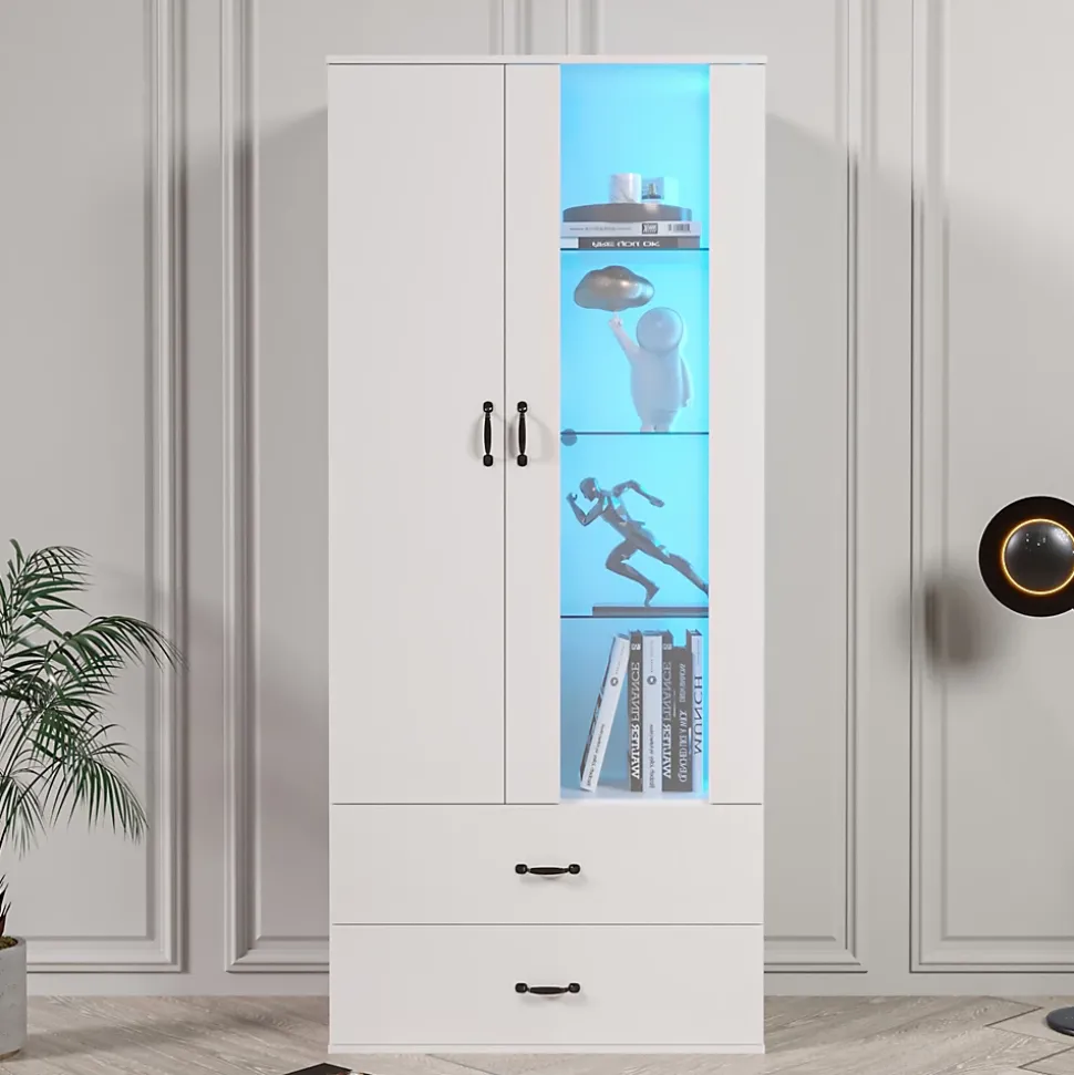 Vitrine avec Éclairage LED, 2 Portes Et 2 Tiroirs, Meuble de Rangement Haut Pour Salon ou Salle à Manger, Étagères Verre, Blanc